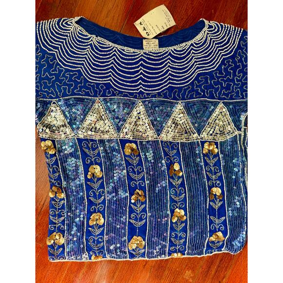 Vintage 80’s D & A Deadstock Silk Blue Silver Beaded Dress Formal Blouse Medium - Picture 3 of 5